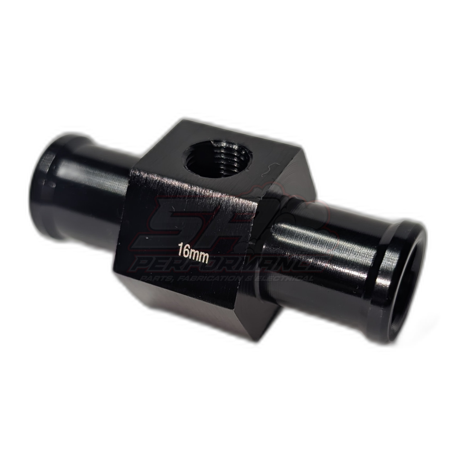 Black anodised aluminium 16mm coolant hose adapter with 1/8 NPT sensor port, angled view showing hexagonal body and barbed hose inlets
