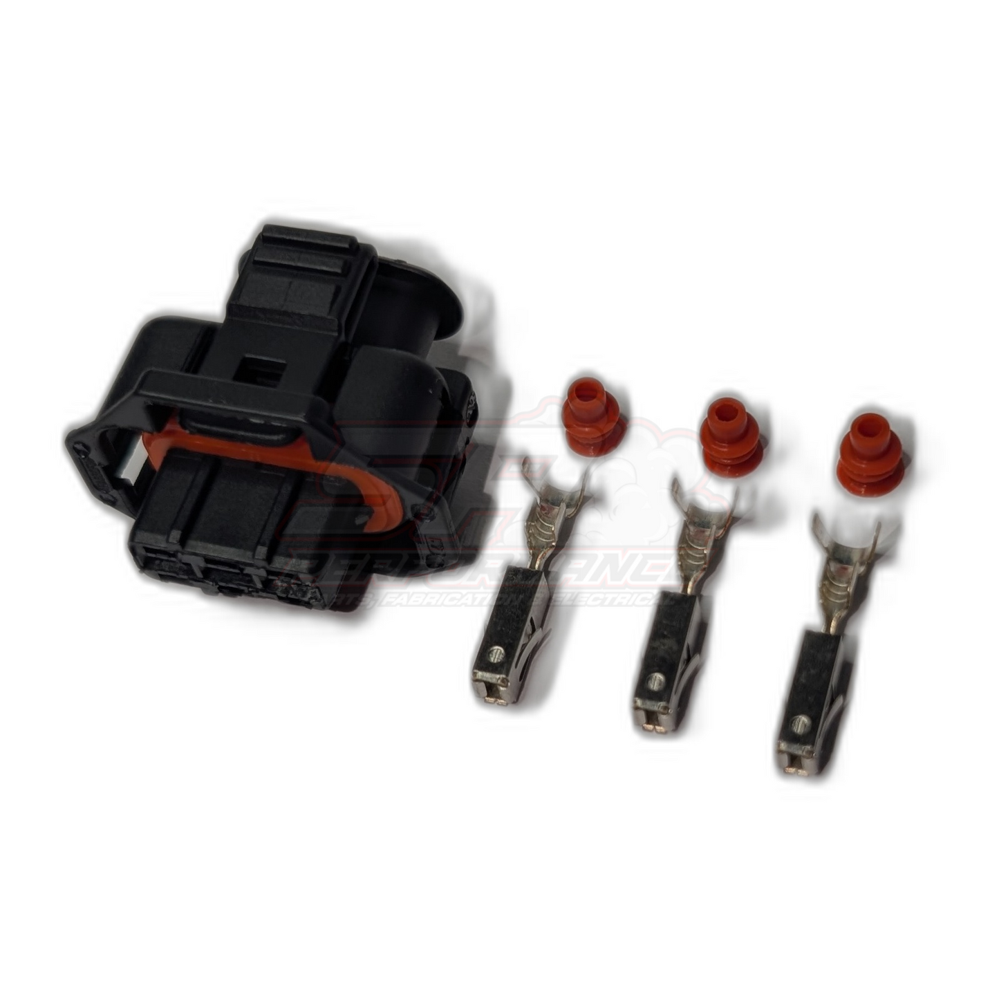 Bosch late 3-pin connector kit exploded view showing black housing with orange seal, three metal terminals and red seals