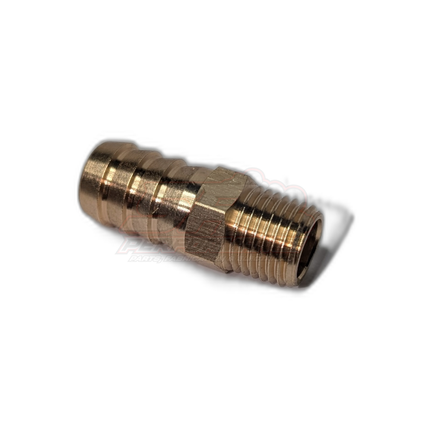 Angled view of 1/4 inch male NPT to 12.7mm half inch brass barb fitting showing threaded end and ridged barb connection