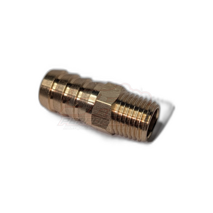 Angled view of 1/4 inch male NPT to 12.7mm half inch brass barb fitting showing threaded end and ridged barb connection