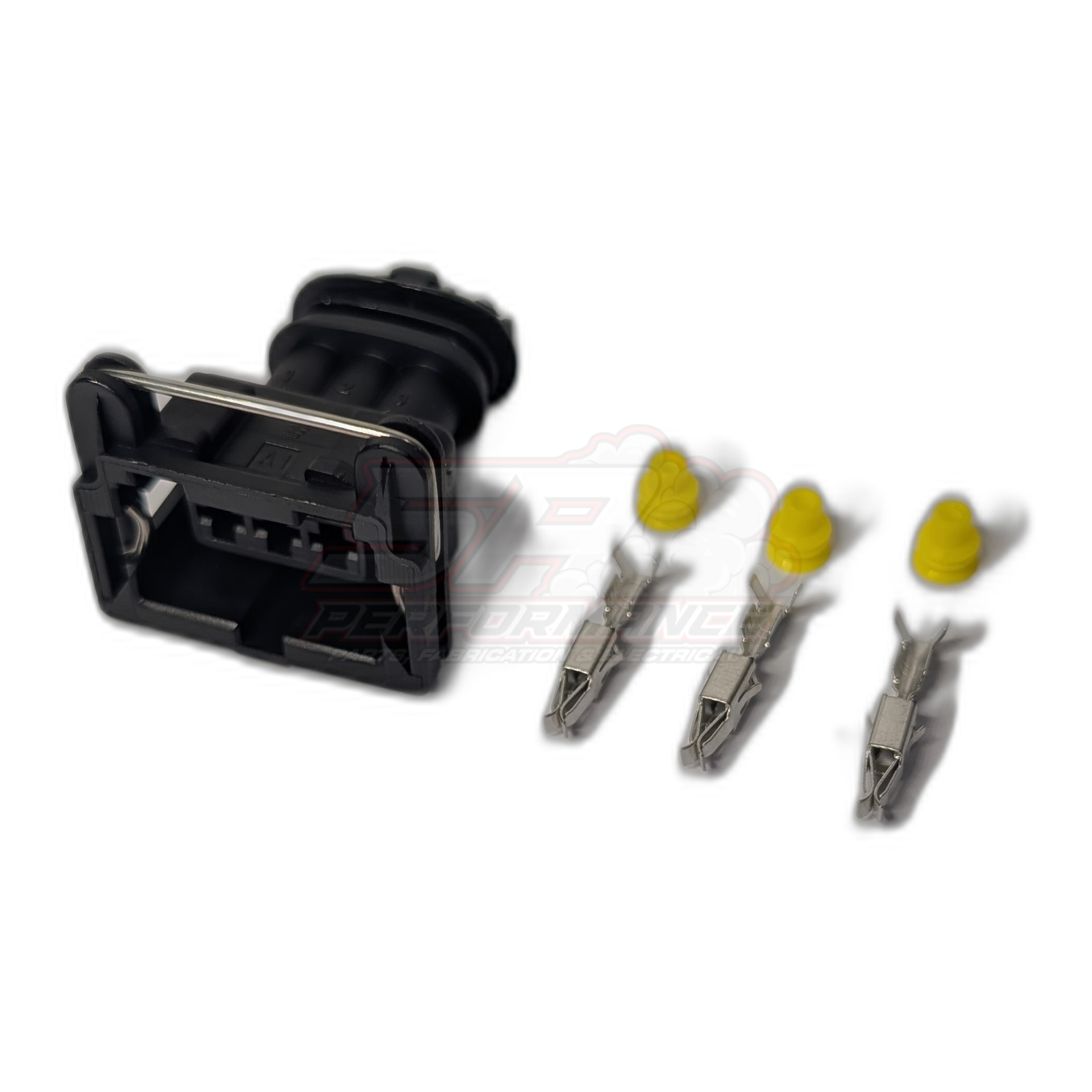 Bosch 3 pin Jetronic connector kit with black housing, rubber boot, three metal terminals and yellow seals laid out