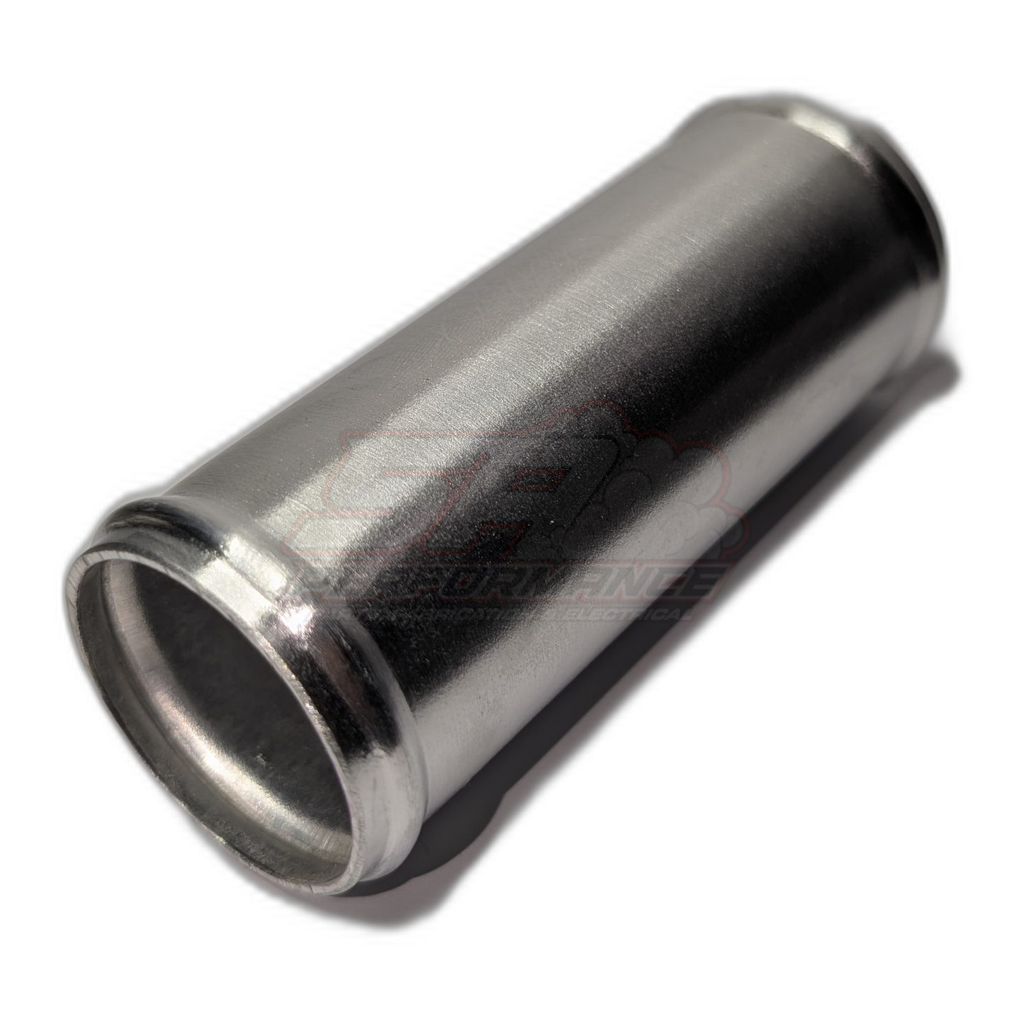Polished aluminium 38mm straight hose joiner angled view showing cylindrical body with beaded ends for clamp retention