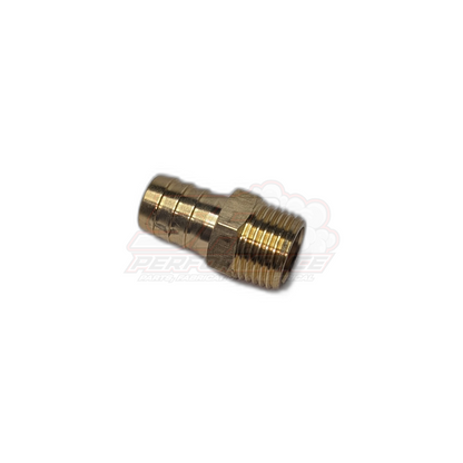 Close-up angled view of 1/2 inch male NPT to 16mm 5/8 inch barb brass fitting showing threaded end and ribbed barb tail