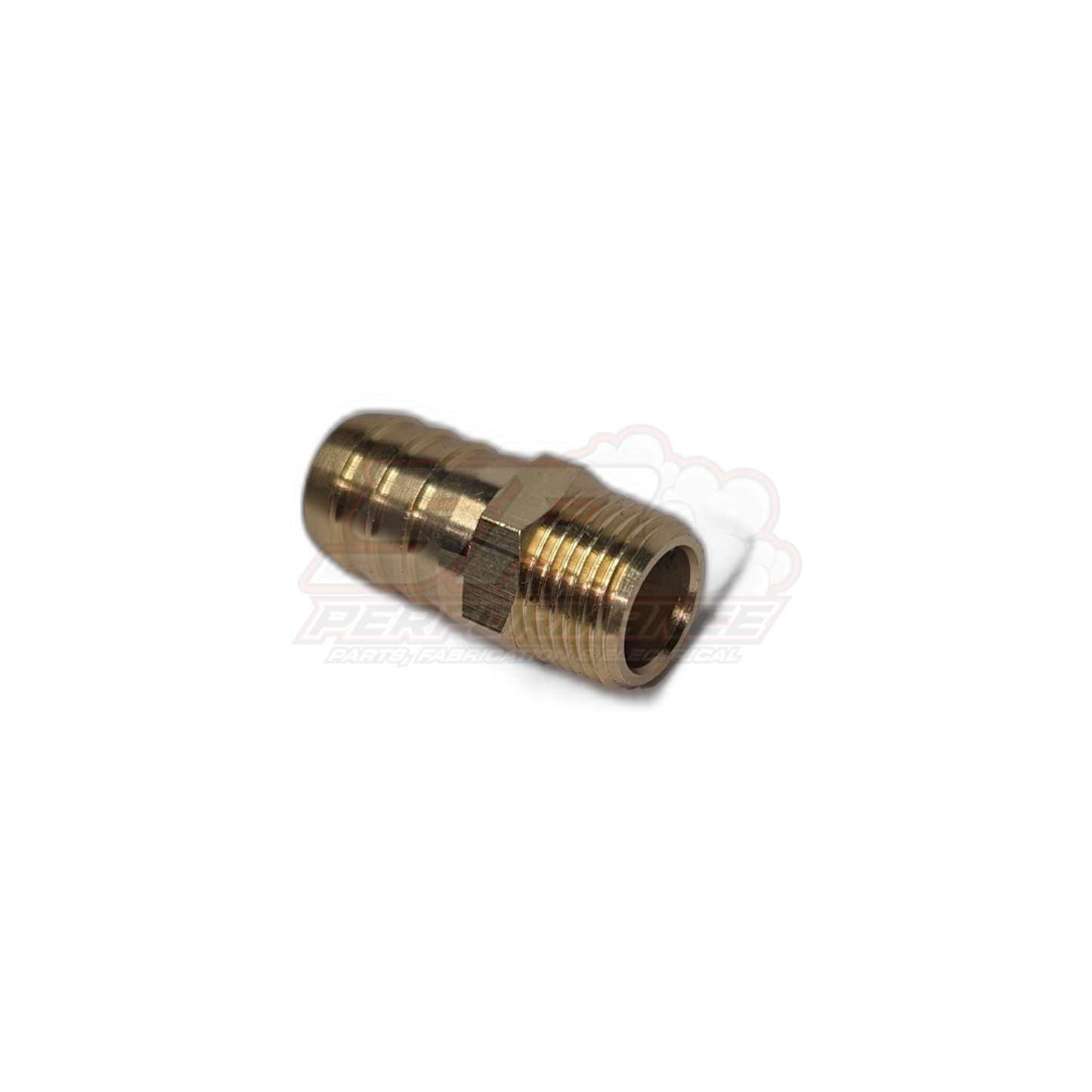 Angled side view of 3/8 inch male NPT to 16mm 5/8 inch barb brass fitting showing hex nut and threaded port