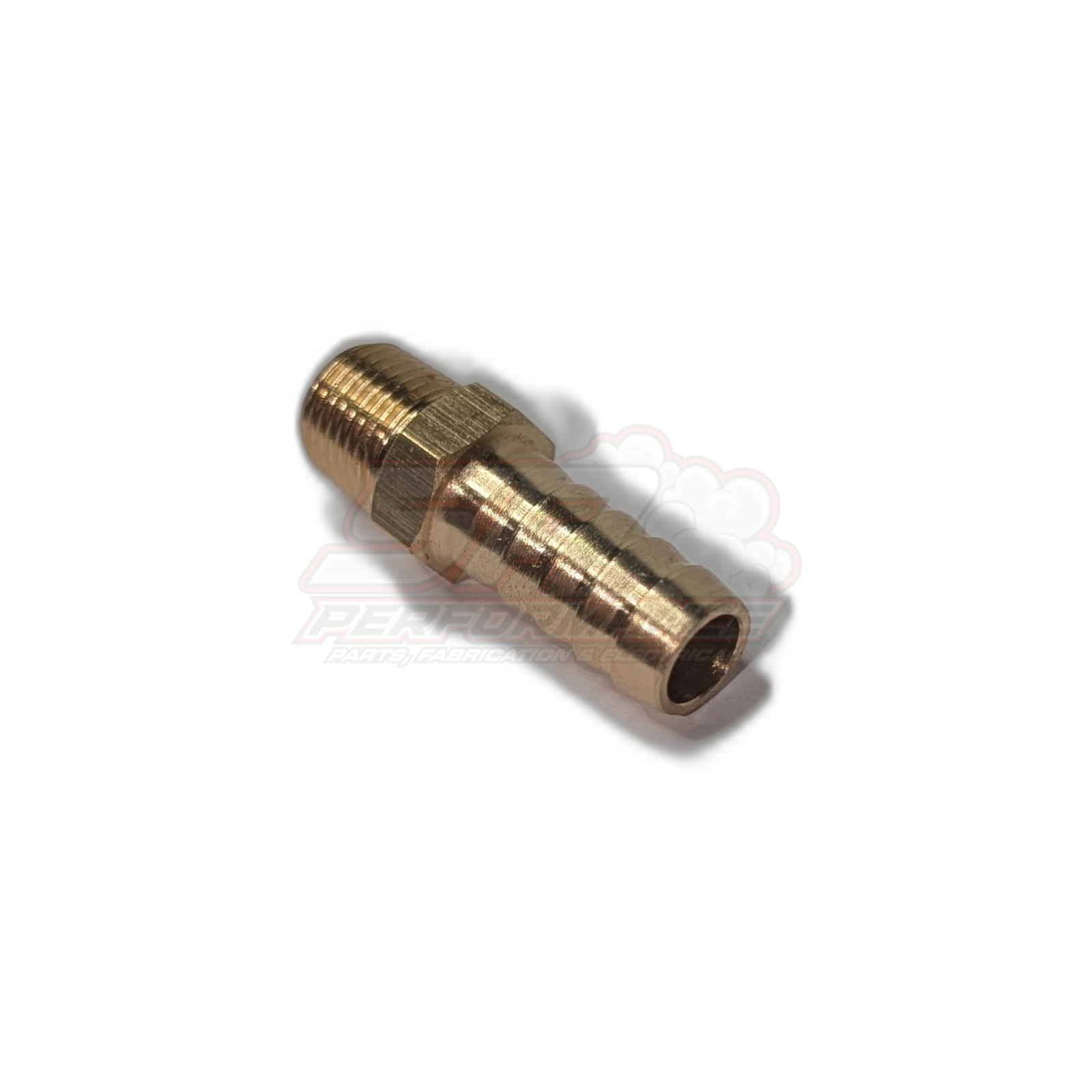 Angled view of 1/8" male NPT to 8mm 5/16" barb brass fitting showing hexagonal body and ribbed barb tail