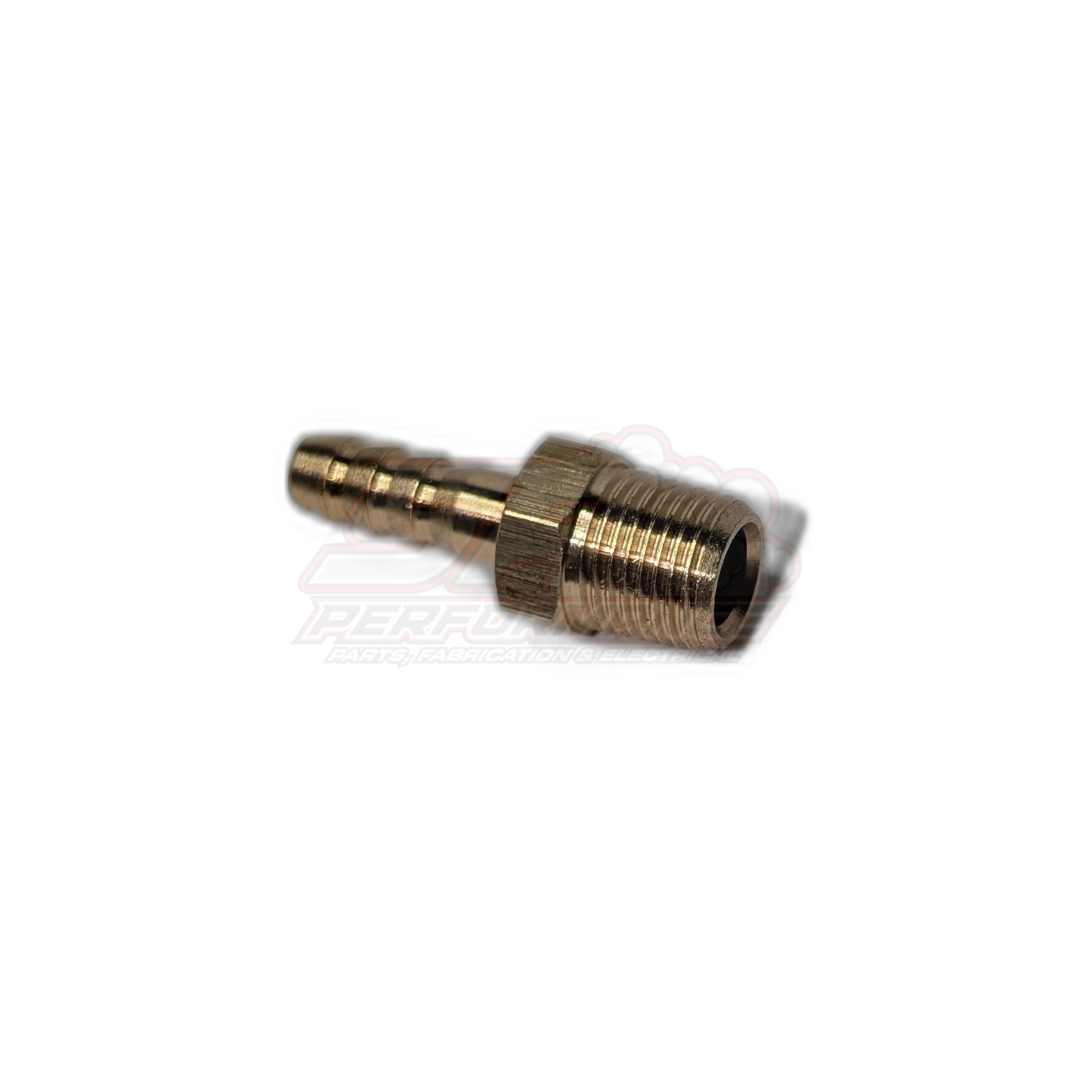 Angled side view of 1/8 inch male NPT to 5mm 3/16 barb brass fitting showing threaded port and barbed end detail