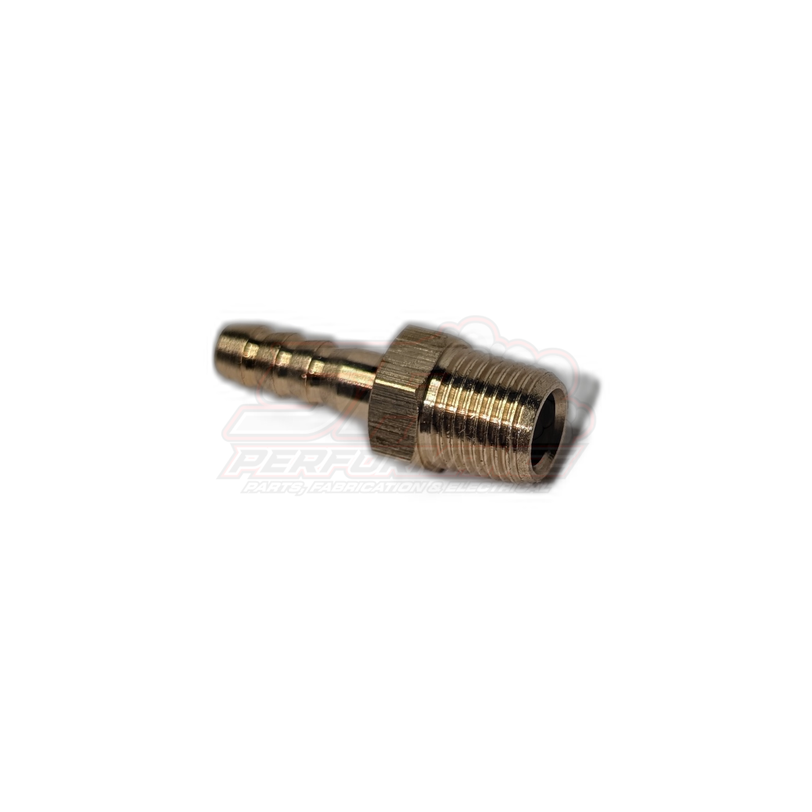 Angled side view of 1/8 inch male NPT to 5mm 3/16 barb brass fitting showing threaded port and barbed end detail