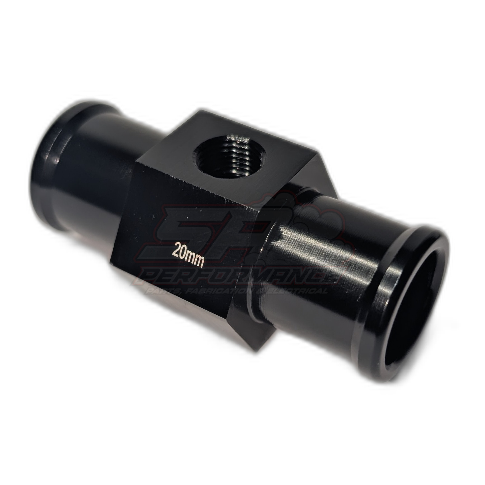 Black anodised aluminium 20mm coolant hose adapter with 1/8 NPT sensor port, side angle showing threaded top port and inline hose barbs