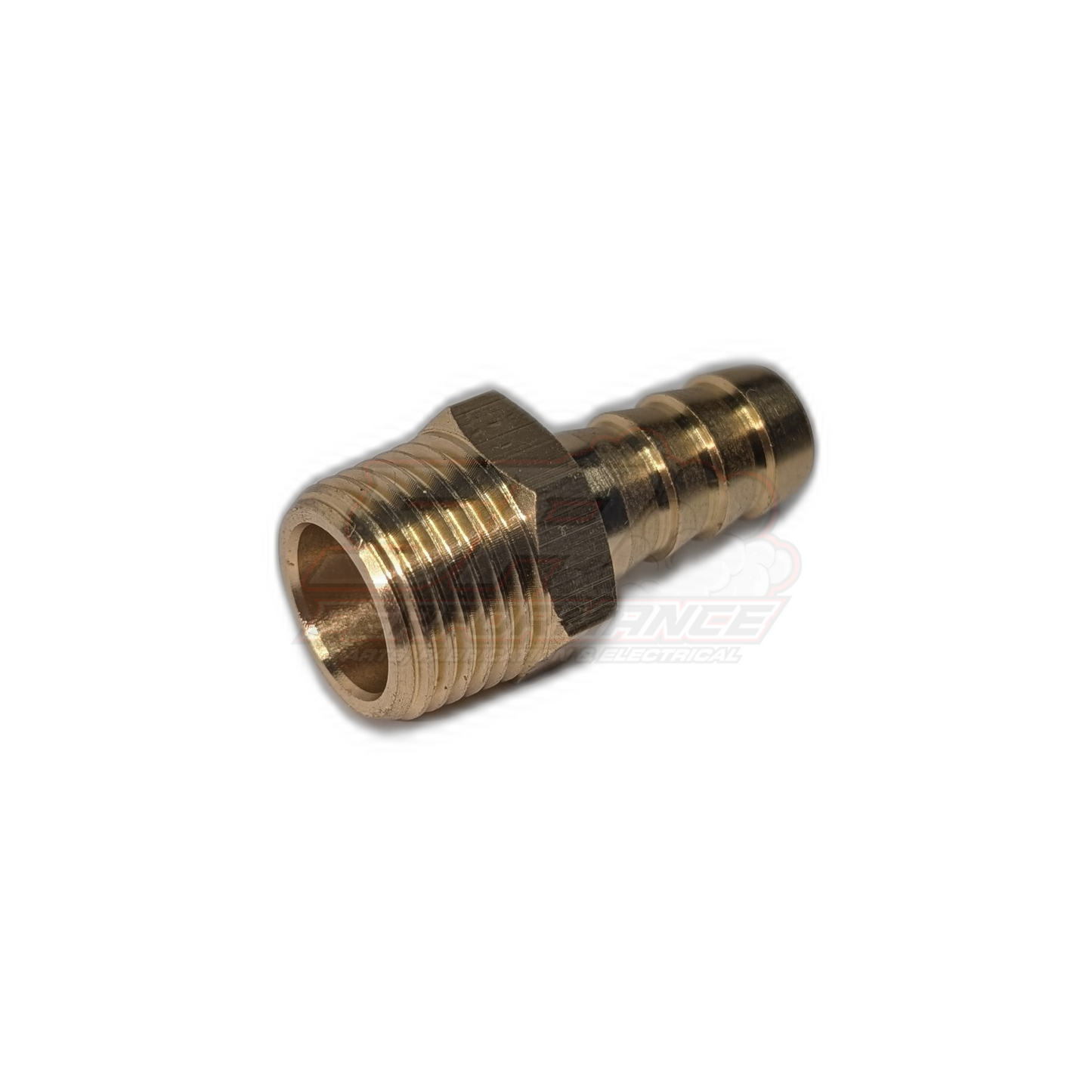Angled view of brass 3/8" male NPT to 9.5mm barb fitting showing threaded end and hex body detail
