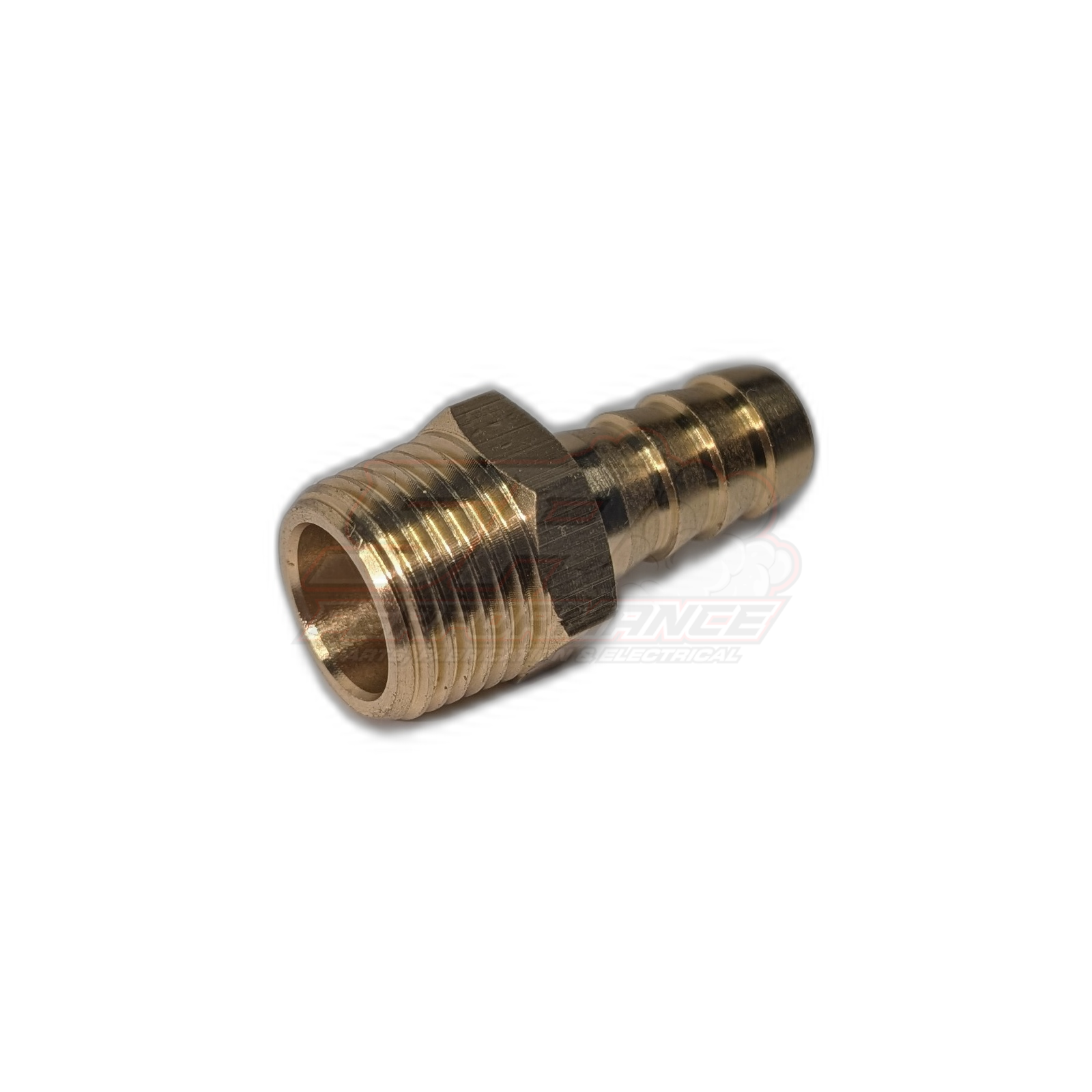 Angled view of brass 3/8" male NPT to 9.5mm barb fitting showing threaded end and hex body detail