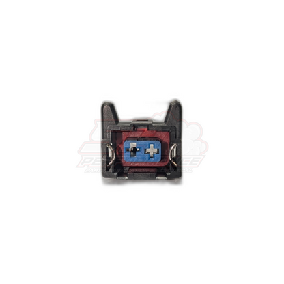 Bosch 2 pin solid connector front view showing black housing with red seal and blue terminal block with metal contacts