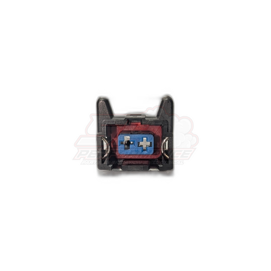 Bosch 2 pin solid connector front view showing black housing with red seal and blue terminal block with metal contacts