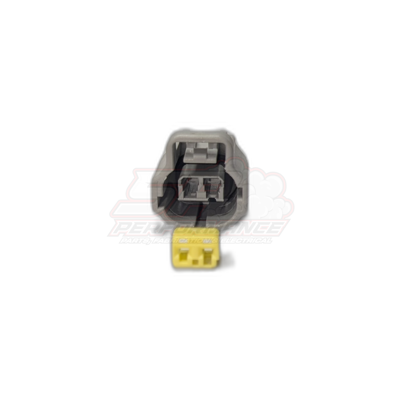 Grey 2-pin Toyota ECT connector housing with yellow female plug end, front view showing terminal cavities and locking tab