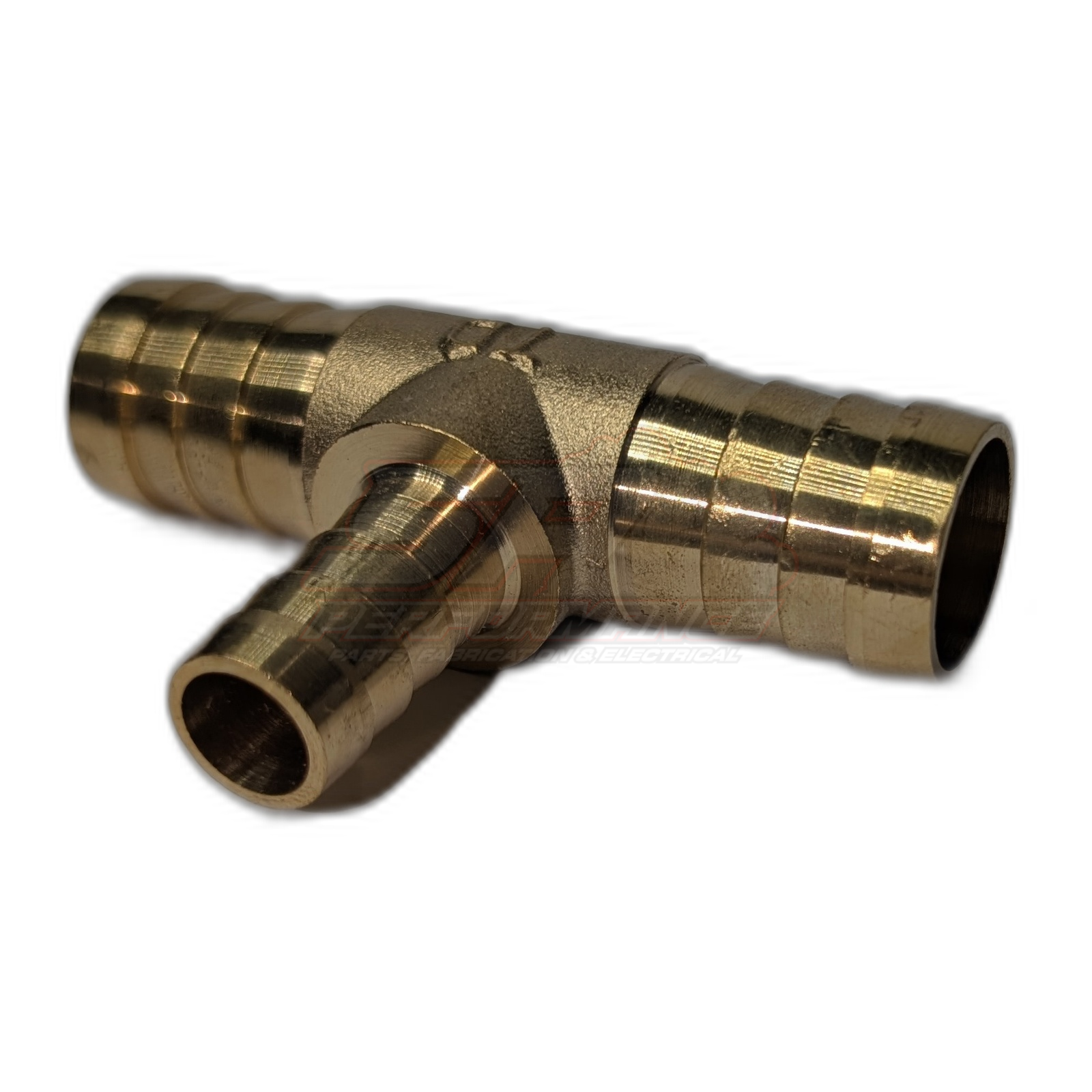 Brass barbed tee fitting angled view showing three-quarter inch run outlets and half inch branch outlet with ridged barbs