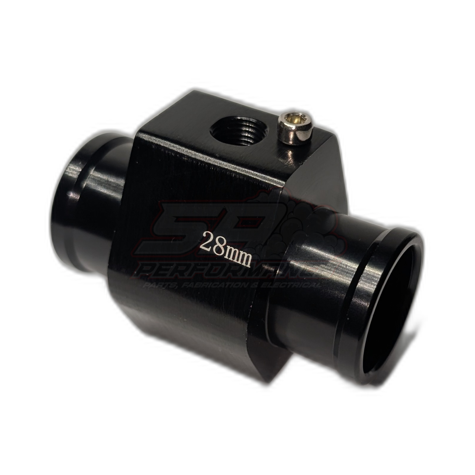 Black anodised aluminium 28mm coolant hose adapter side angle showing 1/8 NPT threaded port and bleed screw with Bevinsee branding