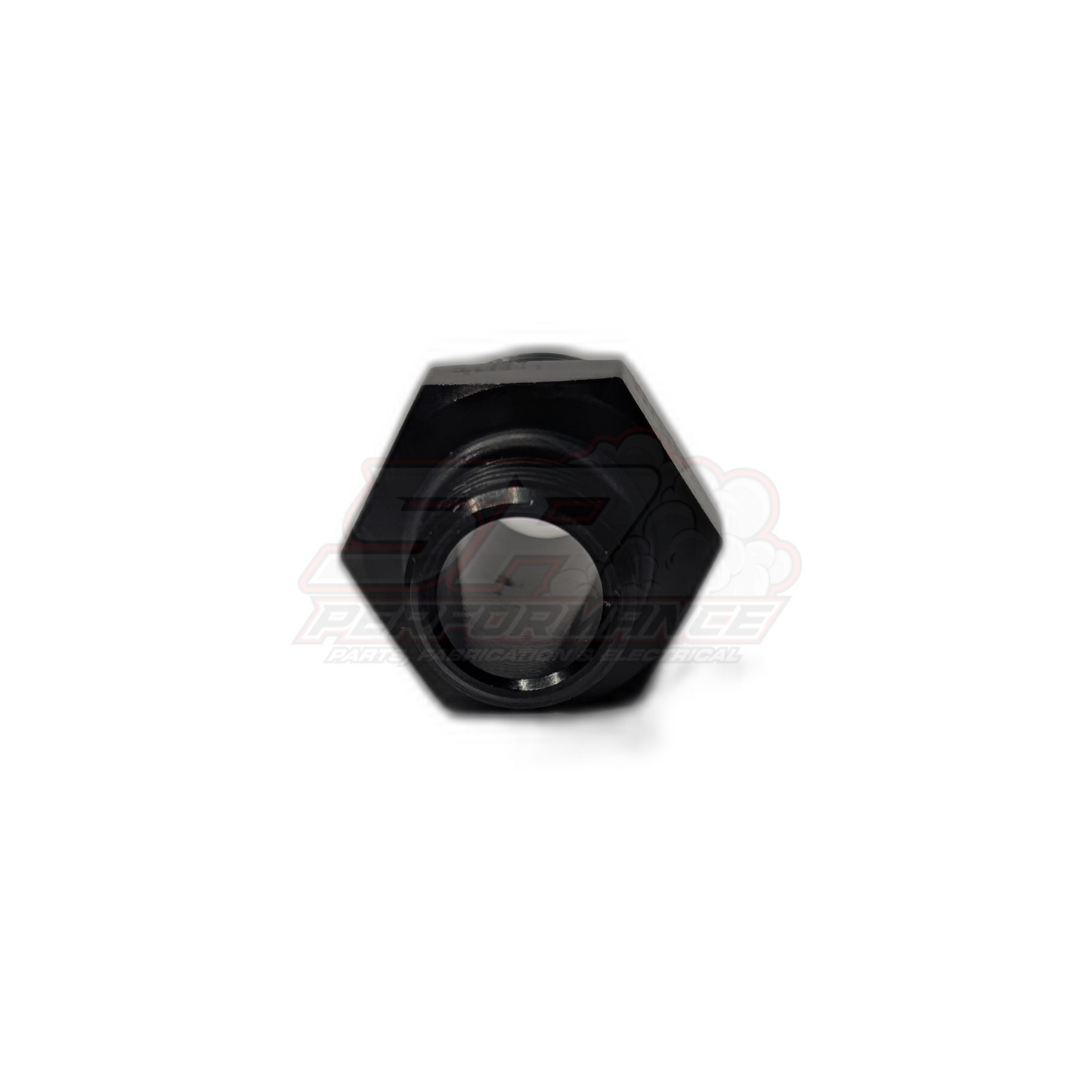 Top view of black anodised aluminium M16 x 1.5 metric male to AN-10 male flare adapter showing hexagonal body and threaded bore