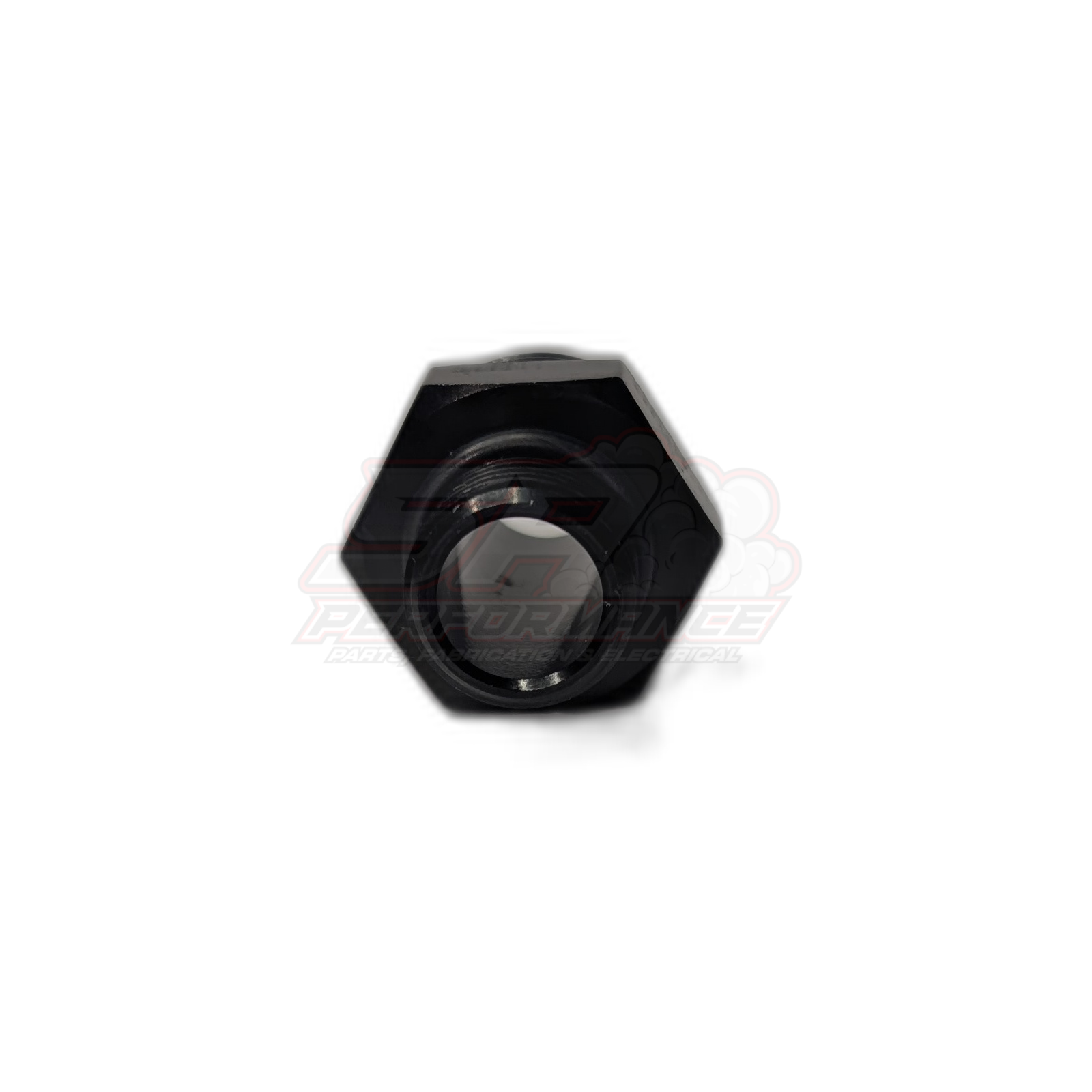 Top view of black anodised aluminium M16 x 1.5 metric male to AN-10 male flare adapter showing hexagonal body and threaded bore