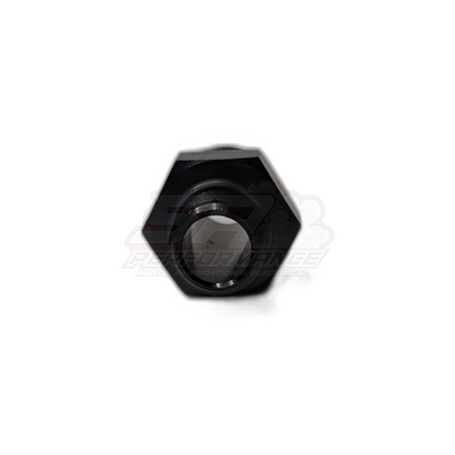 Top view of black anodised aluminium M16 x 1.5 metric male to AN-10 male flare adapter showing hexagonal body and threaded bore