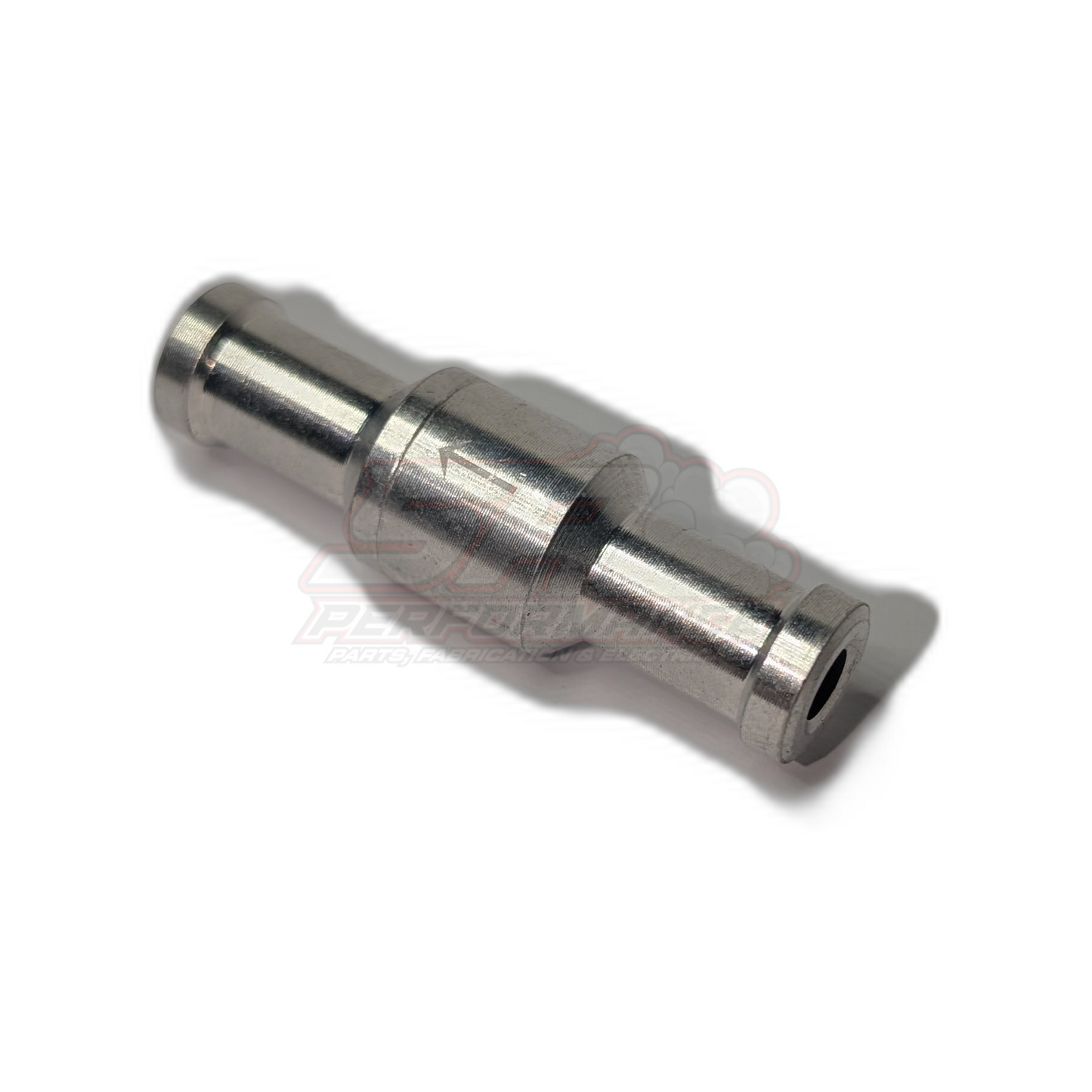 Polished aluminium 10mm inline one-way check valve with stepped barb fittings and through-bore visible from angled side view