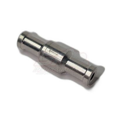 Polished aluminium 10mm inline one-way check valve with stepped barb fittings and through-bore visible from angled side view