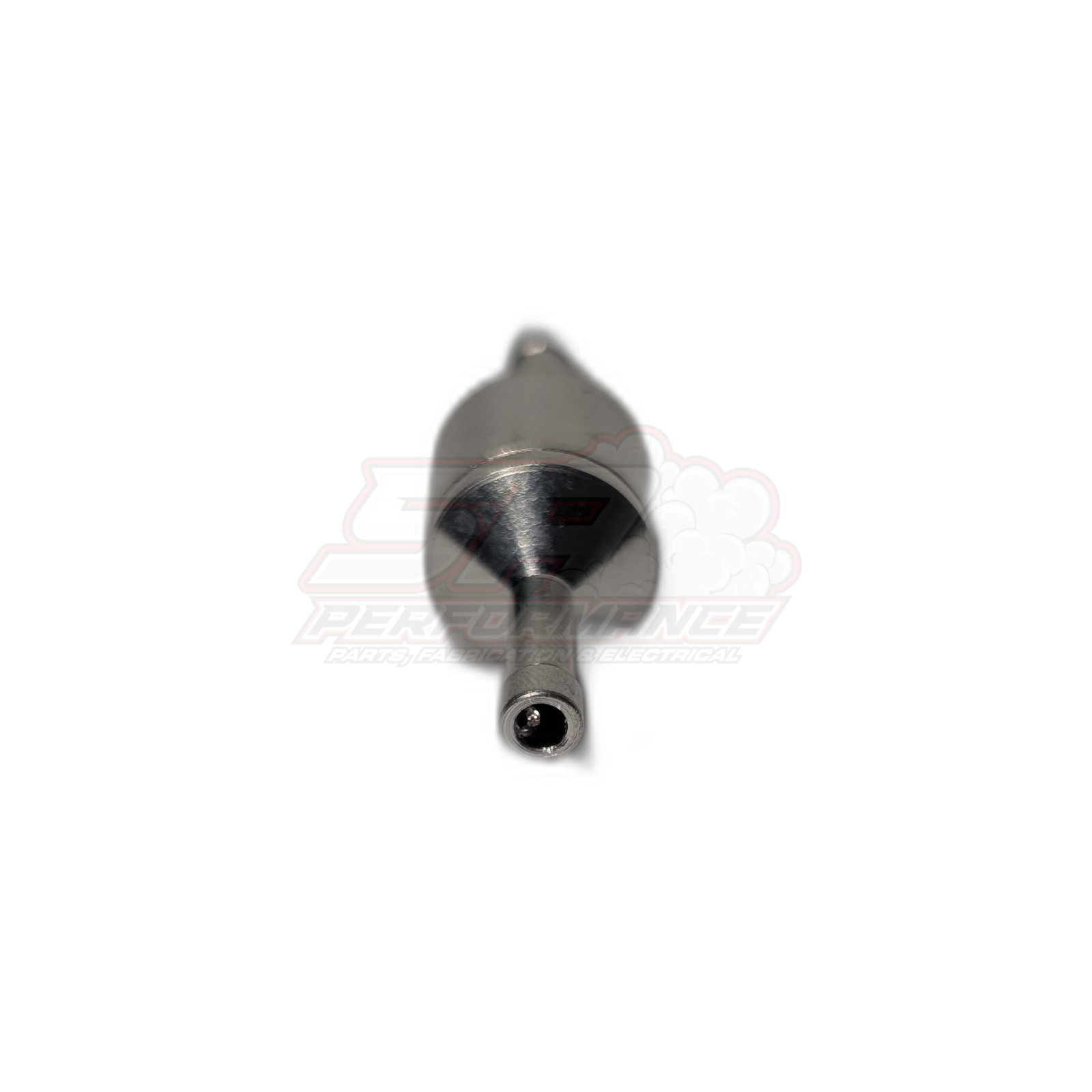 4mm aluminium inline one way valve front angle view showing anodised body with conical inlet and barbed outlet fitting