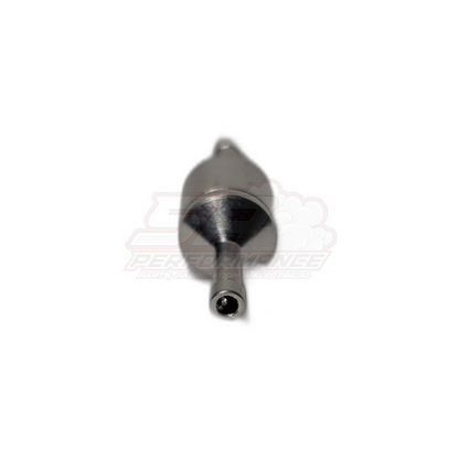 4mm aluminium inline one way valve front angle view showing anodised body with conical inlet and barbed outlet fitting