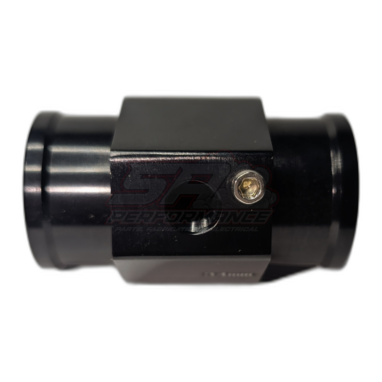 Black anodised aluminium 34mm water temperature sensor adapter side view showing 1/8 NPT threaded port and dual hose barb outlets with hex fastener