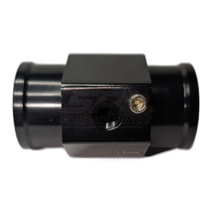 Black anodised aluminium 34mm water temperature sensor adapter side view showing 1/8 NPT threaded port and dual hose barb outlets with hex fastener