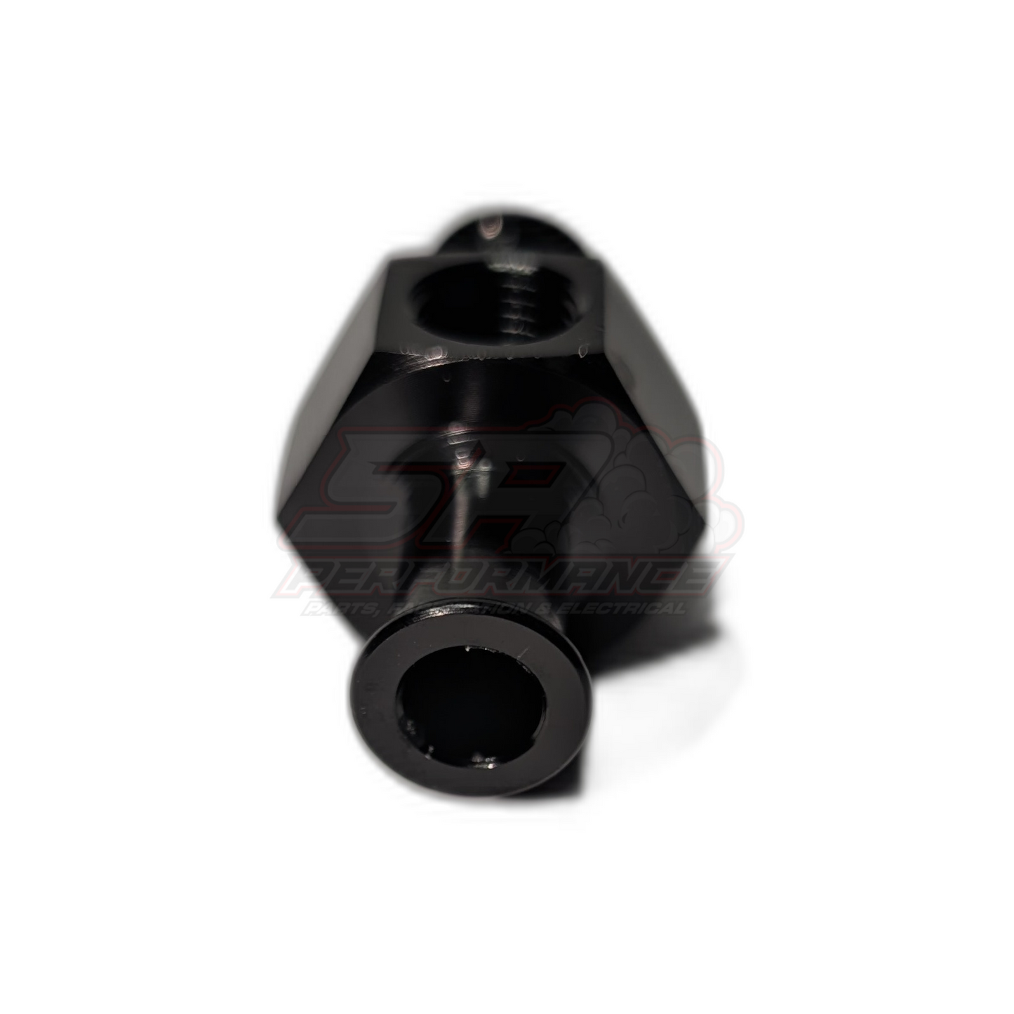 Black anodised 3/8 barb to 3/8 barb inline adapter with 1/8 NPT sensor port, angled view showing hexagonal body and threaded sensor hole