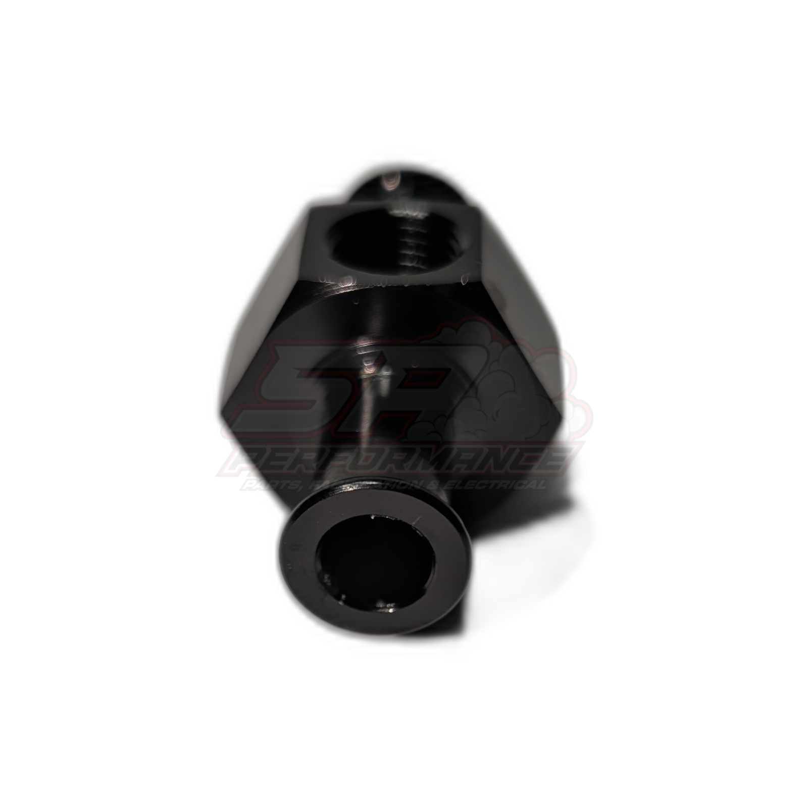 Black anodised 3/8 barb to 3/8 barb inline adapter with 1/8 NPT sensor port, angled view showing hexagonal body and threaded sensor hole