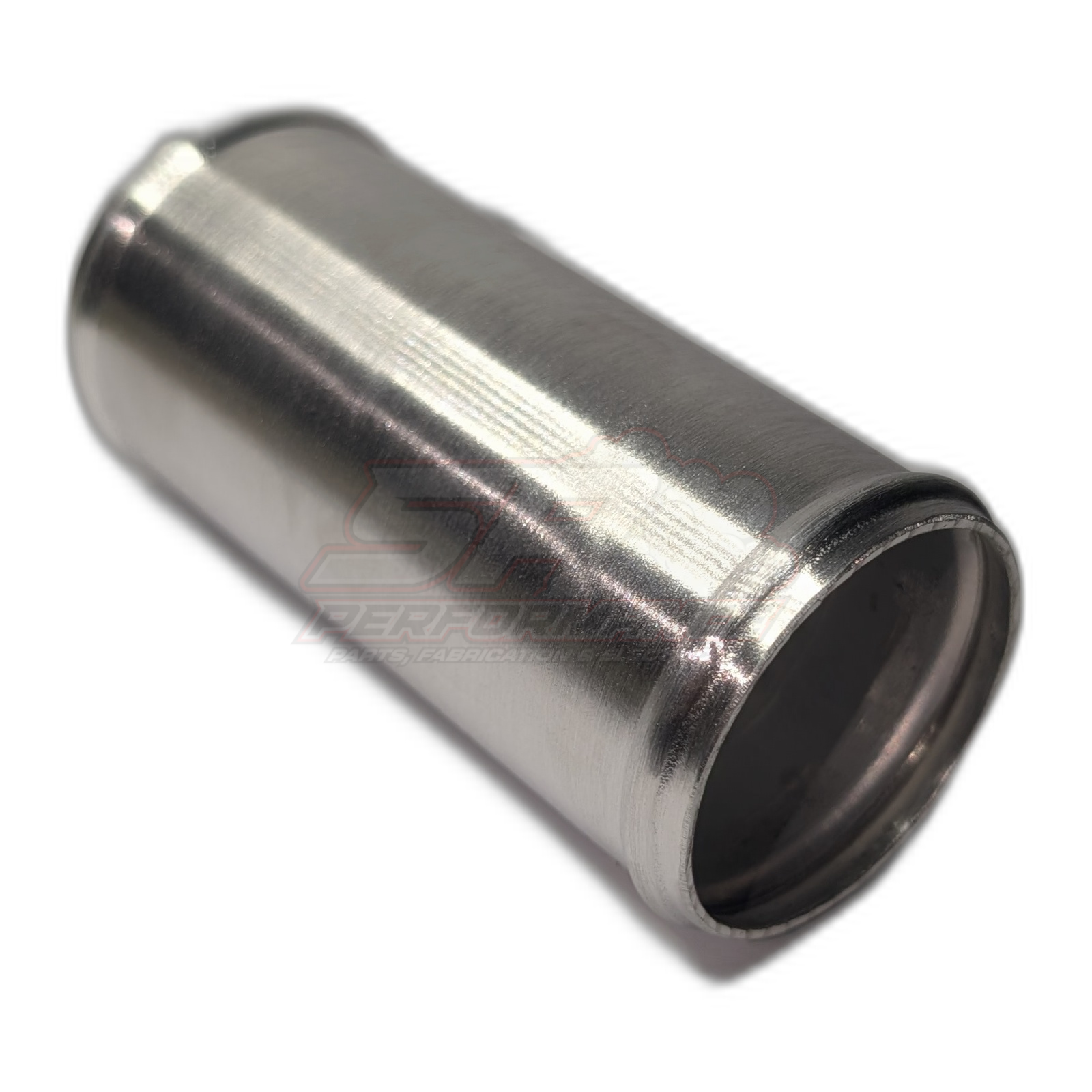 Polished aluminium 40mm straight hose joiner angled view showing beaded end detail and hollow bore
