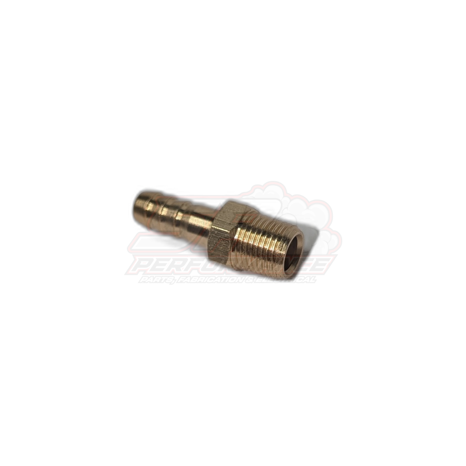 Angled view of 1/8 inch male NPT to 6mm 1/4 inch barb brass fitting showing threaded port and serrated barb end