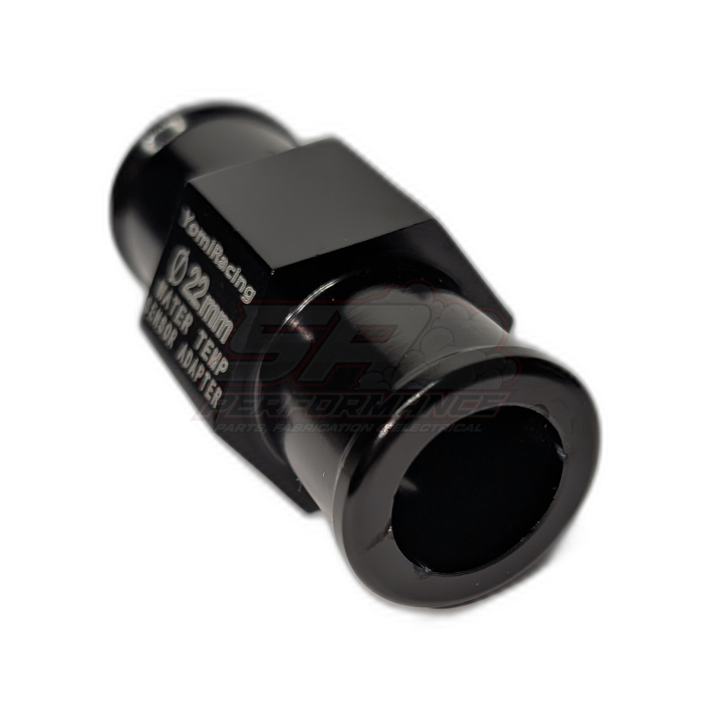 Black anodised aluminium 22mm coolant hose adapter with 1/8 NPT sensor port, angled view showing through-bore and hex body with white markings