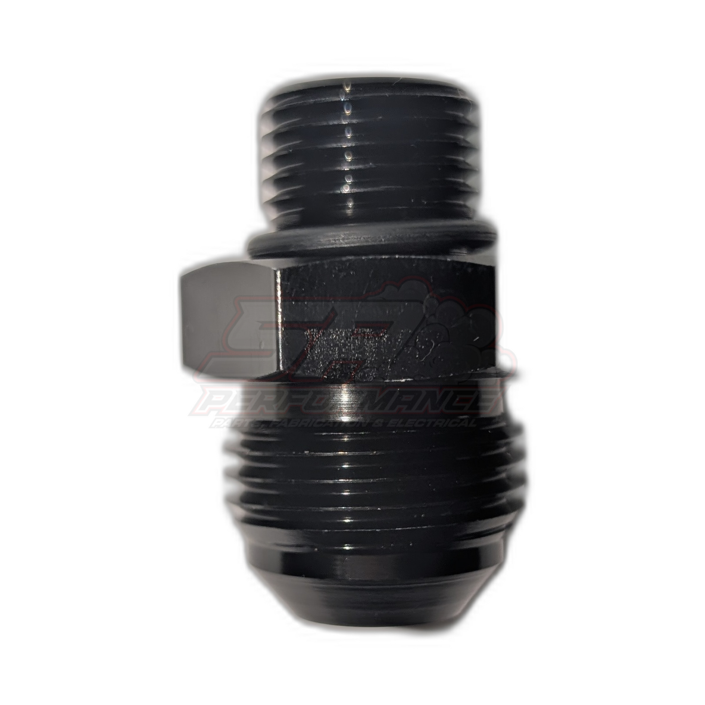 Black anodised aluminium M18 x 1.5 metric male to AN10 male flare adapter side view with hex centre section