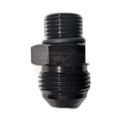 Black anodised aluminium M18 x 1.5 metric male to AN10 male flare adapter side view with hex centre section