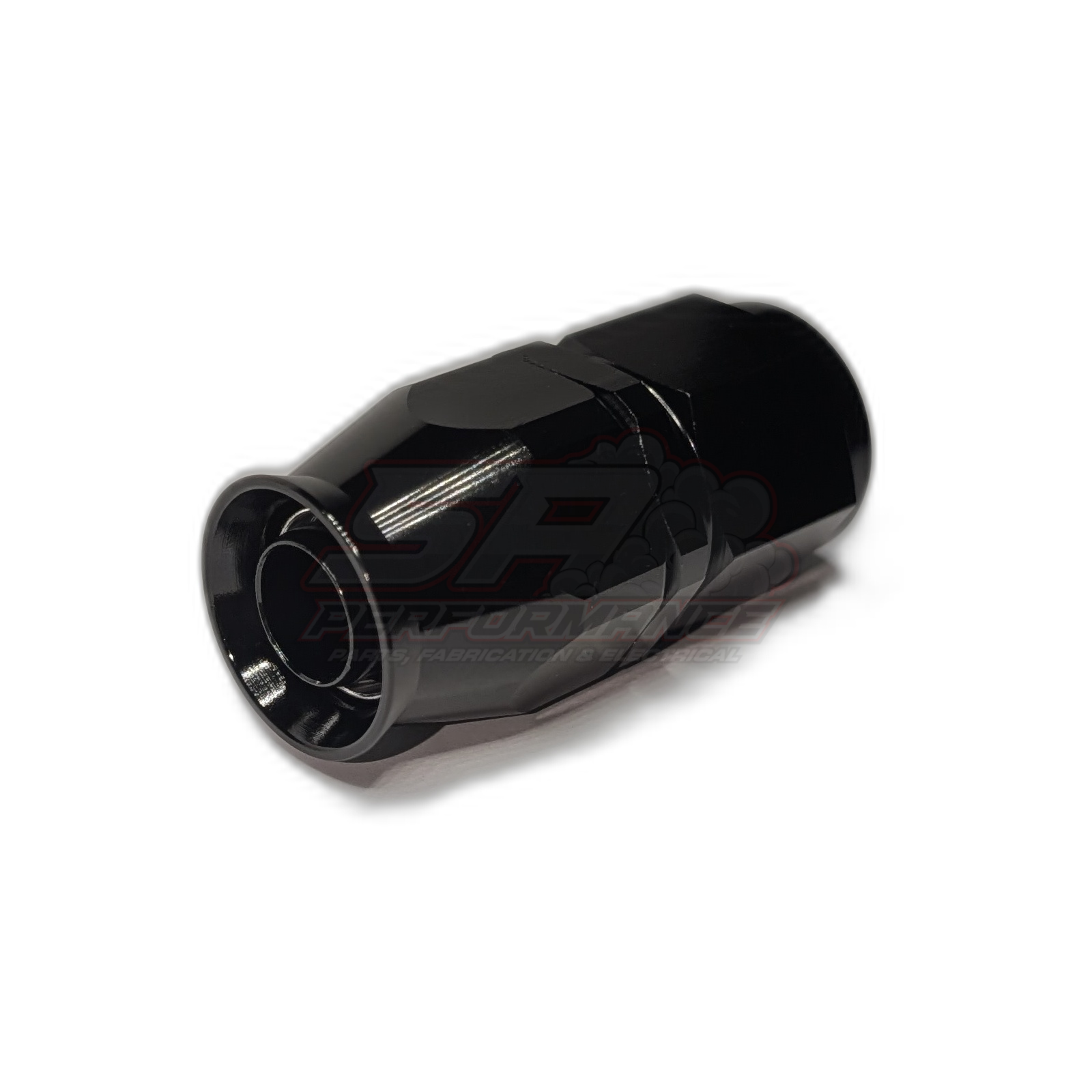 Black anodised aluminium AN8 straight PTFE hose end fitting angled view showing olive insert and internal thread detail