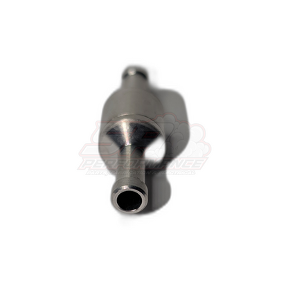 Angled view of 6mm aluminium inline one way valve showing polished conical body and barbed hose connection