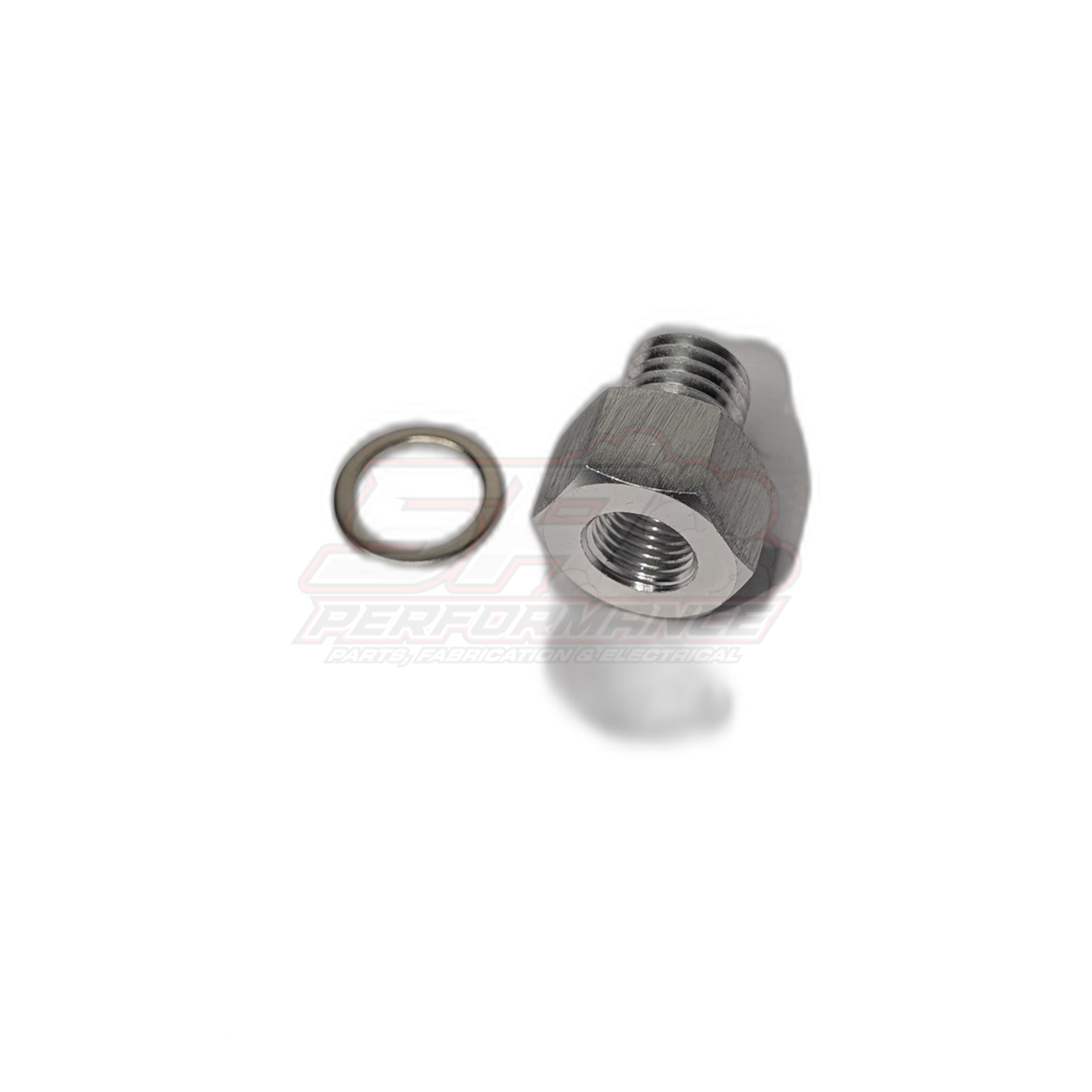 Angled detail view of NPT 1/8 female to M12x1.5 male adapter fitting with O-ring seal, showing hex body and internal threads