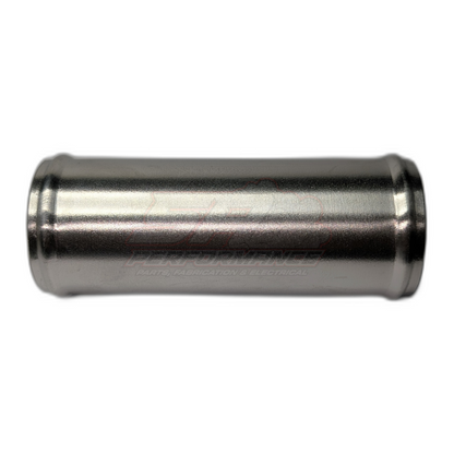 Polished aluminium 38mm straight hose joiner side view showing cylindrical body with beaded ends for hose retention