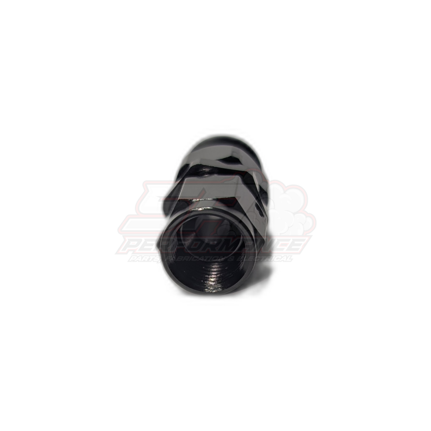 Black anodised aluminium AN6 straight PTFE hose end fitting front view showing hexagonal body and internal threaded bore with olive insert