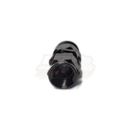 Black anodised aluminium AN6 straight PTFE hose end fitting front view showing hexagonal body and internal threaded bore with olive insert
