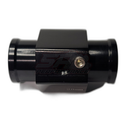 Black anodised aluminium 28mm coolant hose adapter top view showing hex fastener port for 1/8 NPT temperature sensor