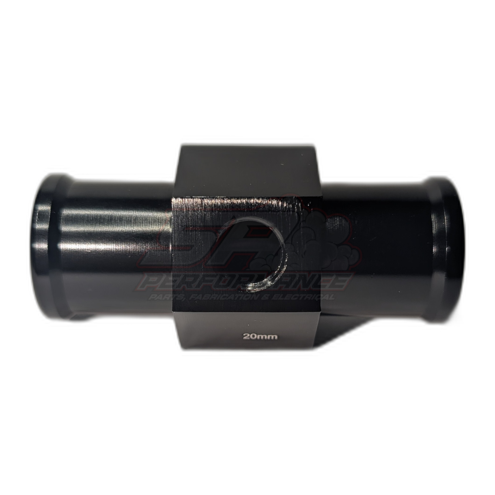 Black anodised aluminium 20mm coolant hose adapter with 1/8 NPT sensor port, top view showing inlet and outlet barbs with 20mm marking on hex body