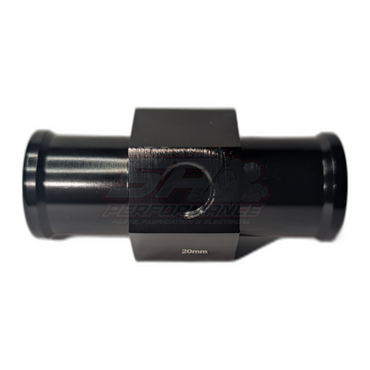 Black anodised aluminium 20mm coolant hose adapter with 1/8 NPT sensor port, top view showing inlet and outlet barbs with 20mm marking on hex body