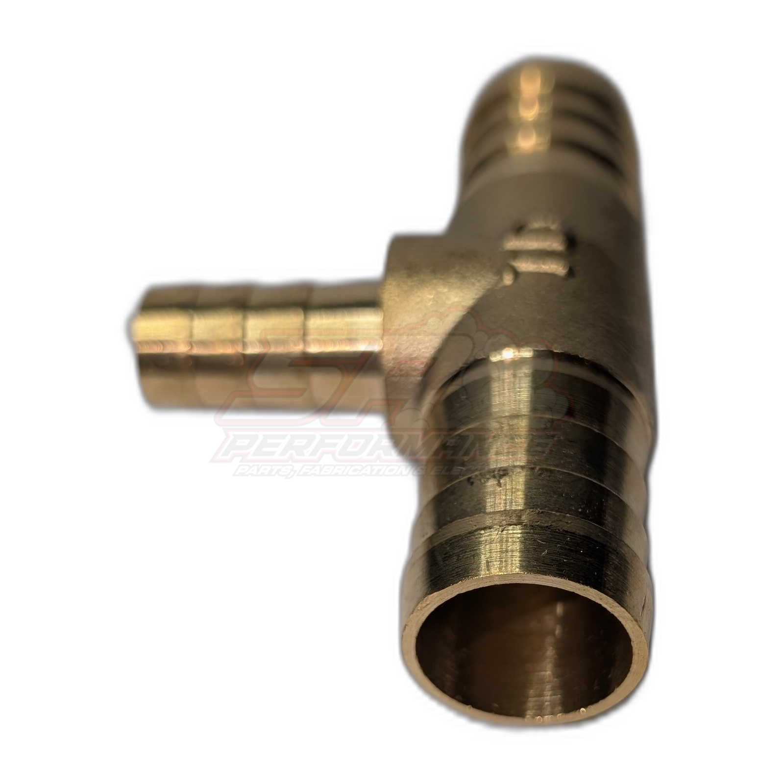 Brass barbed tee fitting angled view showing three hose barbs in T-configuration 3/4" x 3/4" run with 1/2" branch outlet machined threads visible