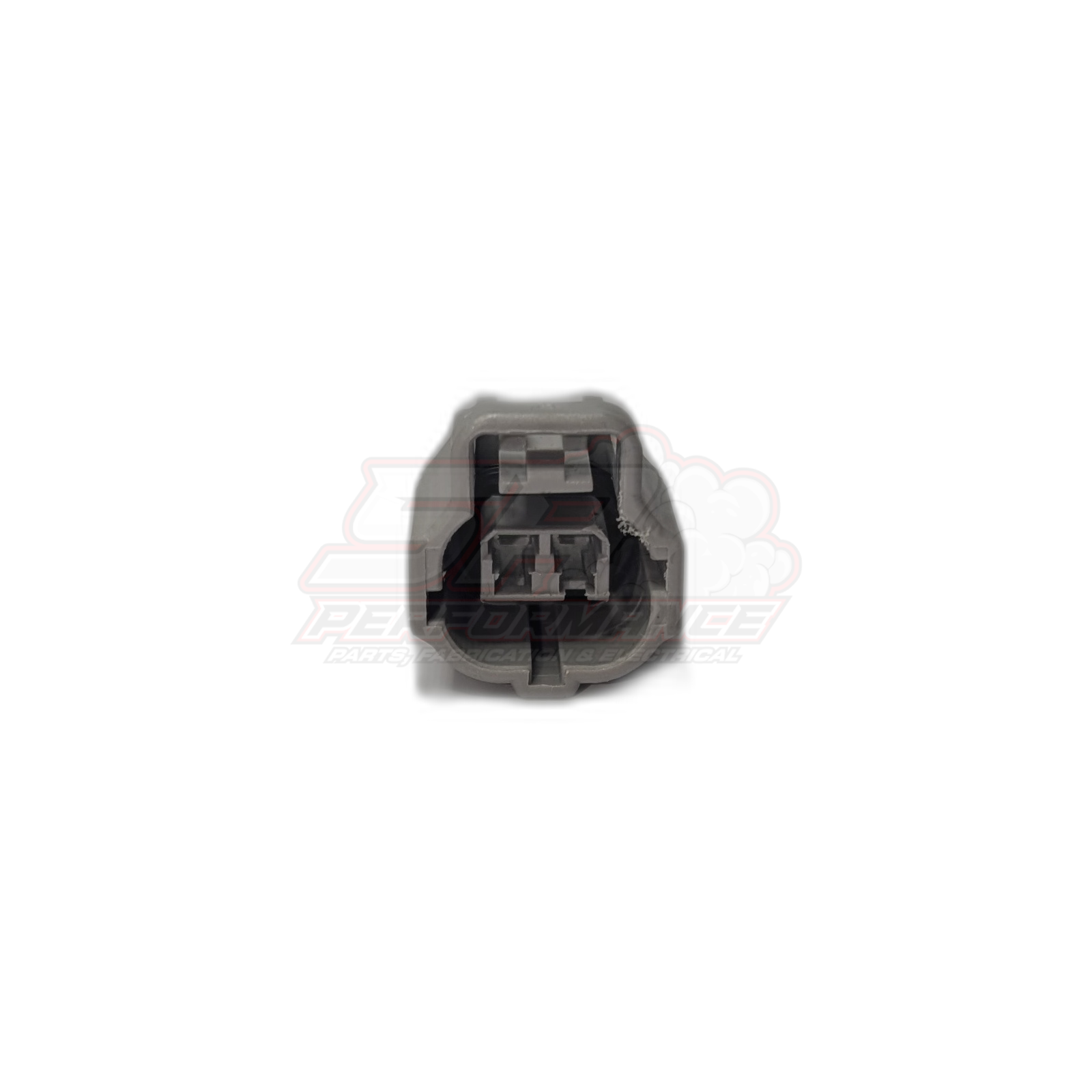 Front view of grey Toyota 2-pin ECT connector housing showing internal terminal cavities and locking tab
