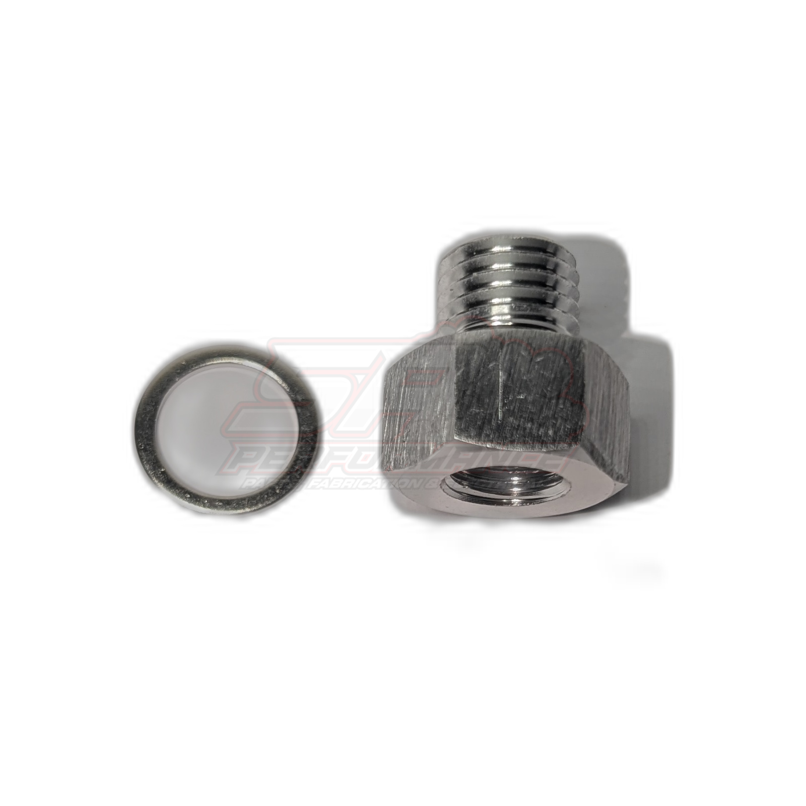 NPT 1/8 female to M12x1.5 male adapter fitting with hex body and included sealing washer, angled view showing threaded ends