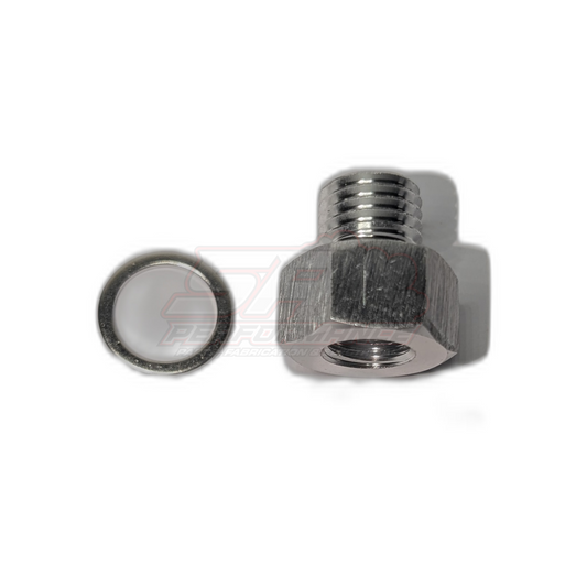 NPT 1/8 female to M12x1.5 male adapter fitting with hex body and included sealing washer, angled view showing threaded ends
