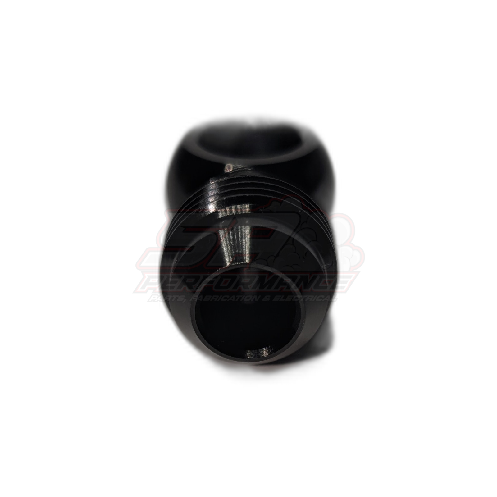 Black anodised 12mm fuel banjo fitting with AN-8 male flare adapter shown from angled top view displaying threaded male flare connection and aluminium construction