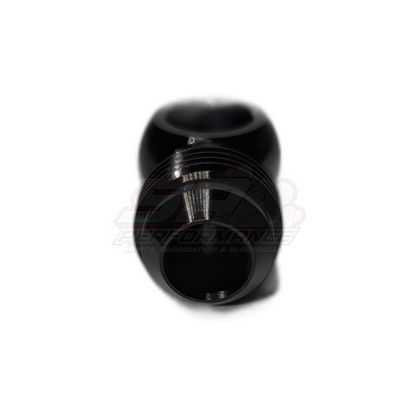 Black anodised 12mm fuel banjo fitting with AN-8 male flare adapter shown from angled top view displaying threaded male flare connection and aluminium construction